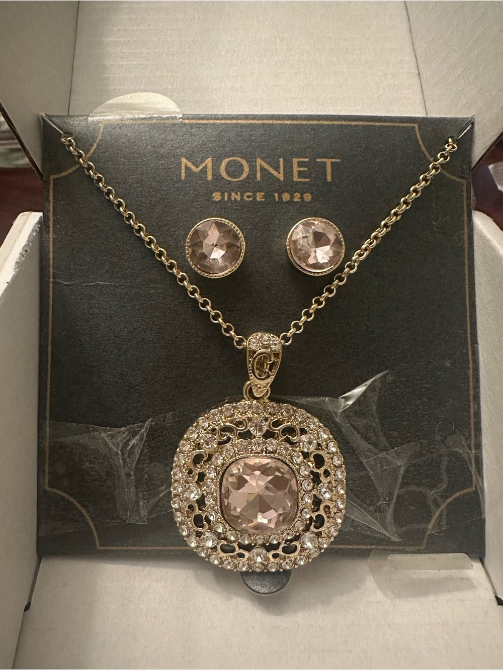 Monet Gold-Tone Necklace and Studs with Blush Pink Stones